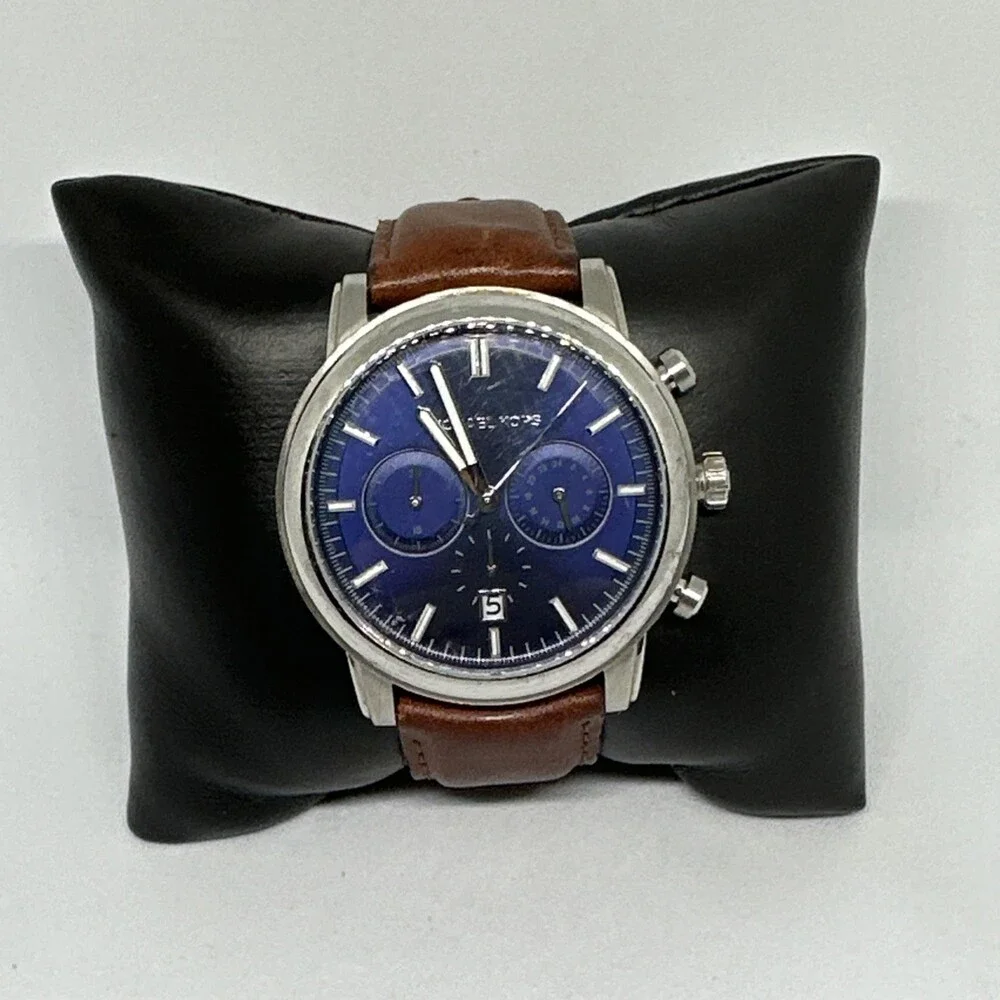 Michael Kors MK8429 Men Brown Leather Strap Analog Blue Dial Quartz Watch HME553